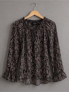 VICI Black Floral Sheer Boho Blouse Ruffle Sleeve Tie Neck Top